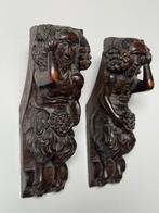 2x Handgesneden beeld wandornament Satyr antiek, Antiek en Kunst, Ophalen