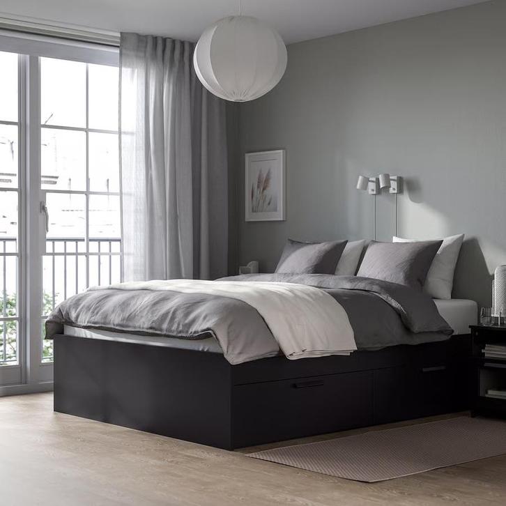 BRIMNES Bedframe 180x200 met opberglades - Zwart, Huis en Inrichting, Slaapkamer | Bedden, Gebruikt, Tweepersoons, 180 cm, 200 cm