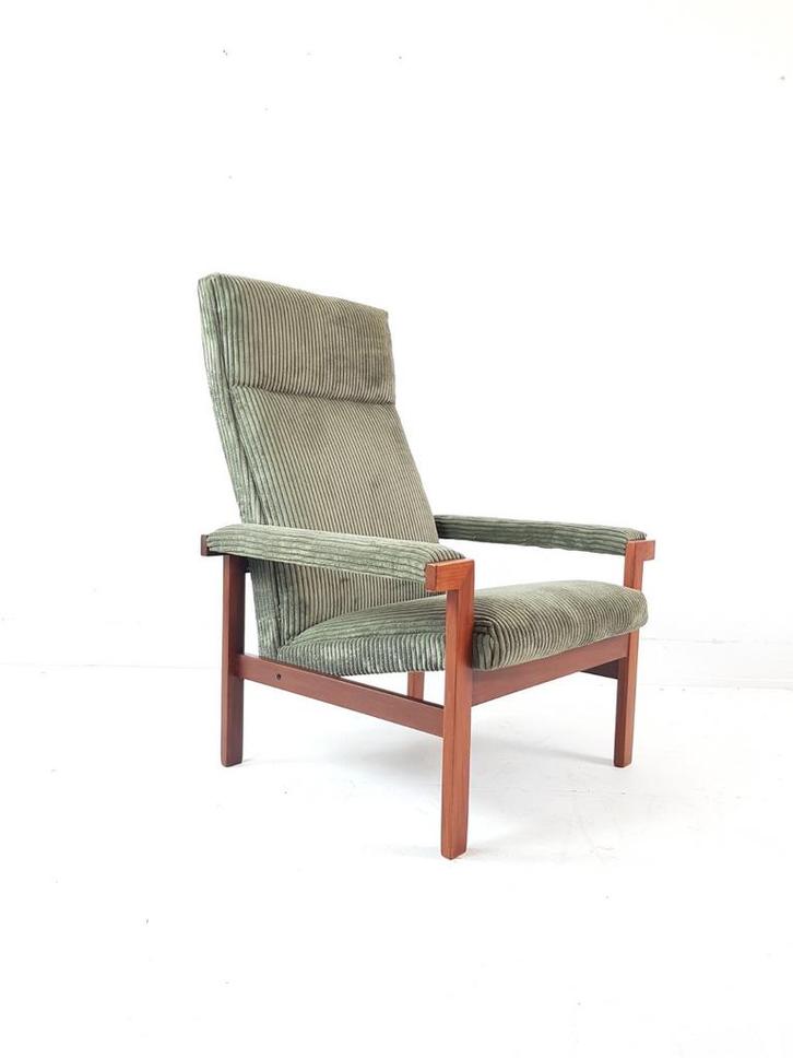 Vintage groene fauteuil teak | Danish chair green | ribstof, Huis en Inrichting, Fauteuils, Hout, Stof, 50 tot 75 cm, 75 tot 100 cm