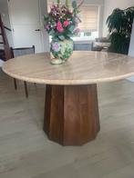 Eetafel rond met travertin en bruine ronde poot Japandi, Huis en Inrichting, Tafels | Eettafels, Ophalen of Verzenden, Zo goed als nieuw