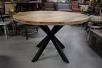 Mooie ronde tafel eettafel metaal mangohout kruispoot Ø130, Huis en Inrichting, Stoelen, Metaal, Zo goed als nieuw, Ophalen