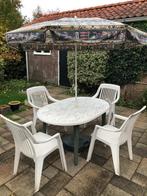 Mooie tuinset met 4 stoelen en parasol, Ophalen, 4 zitplaatsen, Kunststof, Gebruikt