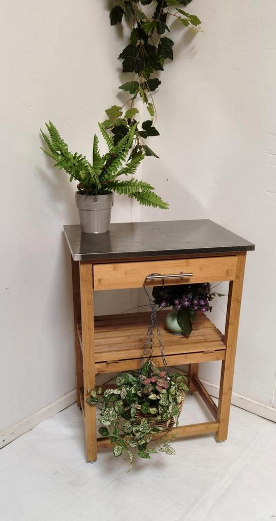 Houten kastje met lade en chroom werkblad keukenkastje, Antiek en Kunst, Curiosa en Brocante, Ophalen