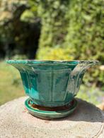 Vintage Chinese geglazuurde bloempot met schaal, Tuin en Terras, Bloempotten, Tuin, Minder dan 40 cm, Overige vormen, Aardewerk