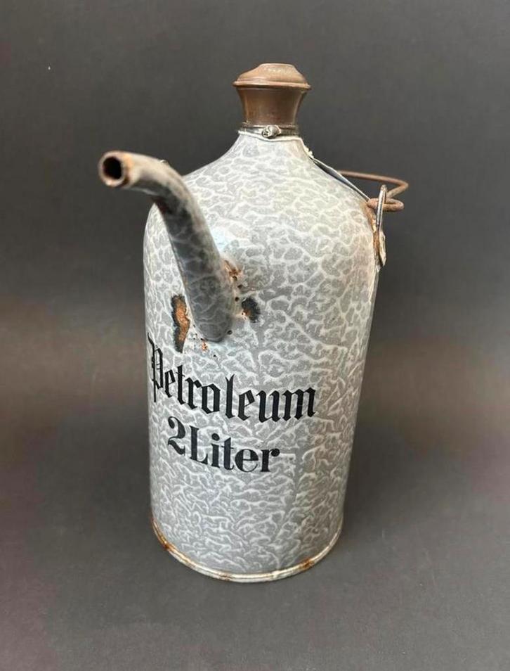 Grijs Gewolkte 2 Liter Petroleumkan, Antiek en Kunst, Antiek | Emaille, Ophalen of Verzenden