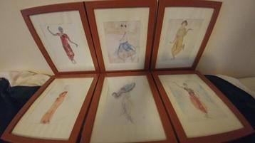 6 ingelijste afbeeldingen van Oosterse Danseressen. beschikbaar voor biedingen