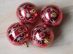 4 rode glimmende kerstballen met goudkleurige versiering, Ophalen, Gebruikt