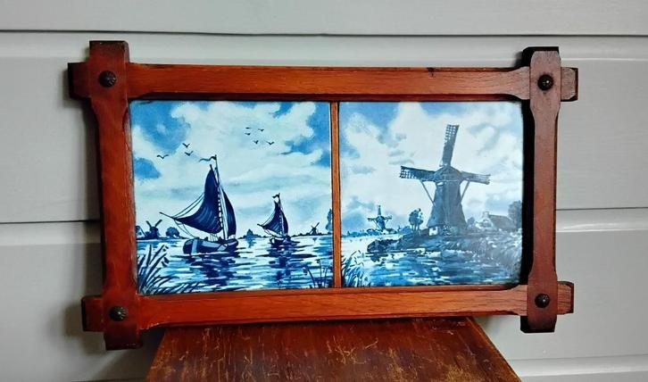 Delftsblauwe tegels - eikenhouten lijst - hollandse voorstel, Antiek en Kunst, Antiek | Wandborden en Tegels, Ophalen of Verzenden
