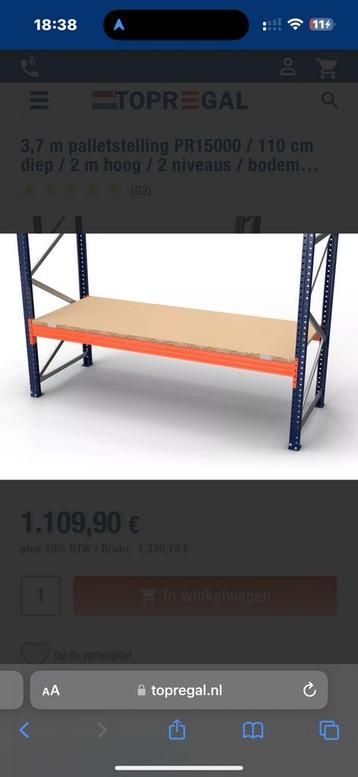 TOPREGAL PR15000 Palletstelling 370x110 cm met houtenplaat beschikbaar voor biedingen