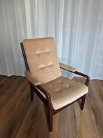 Vintage Retro Fateuil Hout Beige stof, Huis en Inrichting, Fauteuils, Ophalen, Gebruikt, Hout