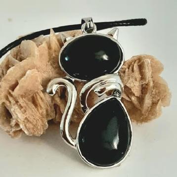 Waxkoord ketting met Onyx edelsteen poes / kat hanger  beschikbaar voor biedingen