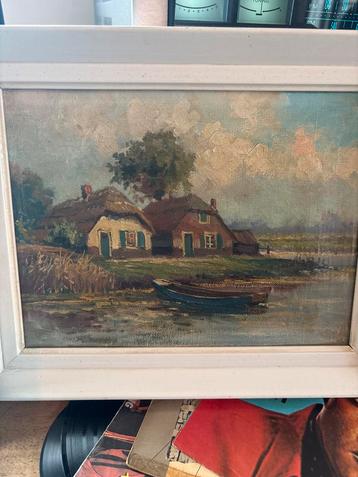 Schilderij: Boerderij en Bootje in Olieverf beschikbaar voor biedingen