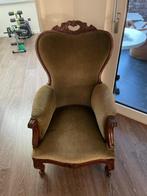 Antieke fauteuil met houtsnijwerk – groen fluweel, Antiek en Kunst, Ophalen