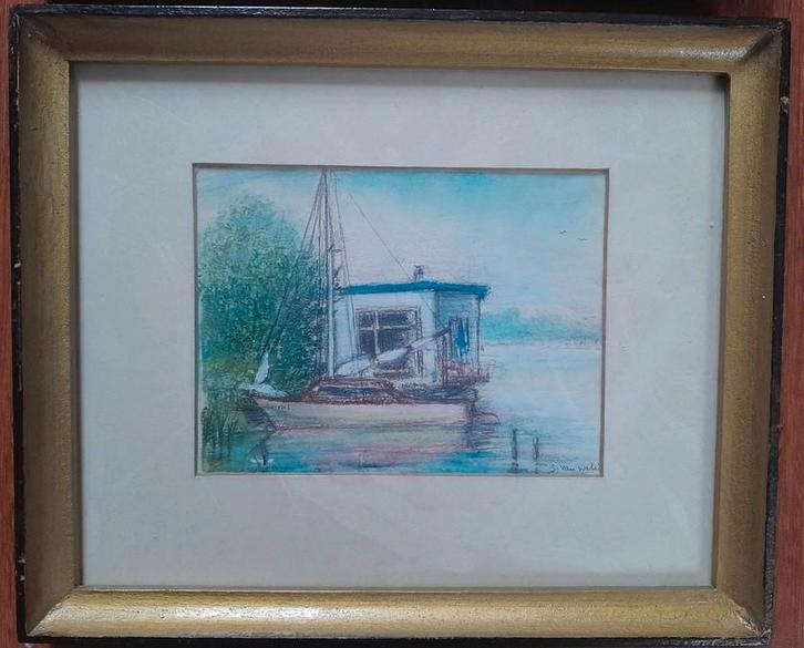 Woonboot bij Giethoorn, Wanneperveen. Incl. lijst, Antiek en Kunst, Kunst | Schilderijen | Klassiek, Ophalen