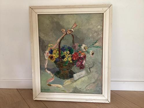 Klassiek Schilderij Bloemenmand Gesigneerd - Ingelijst Wit, Antiek en Kunst, Kunst | Schilderijen | Klassiek, Ophalen