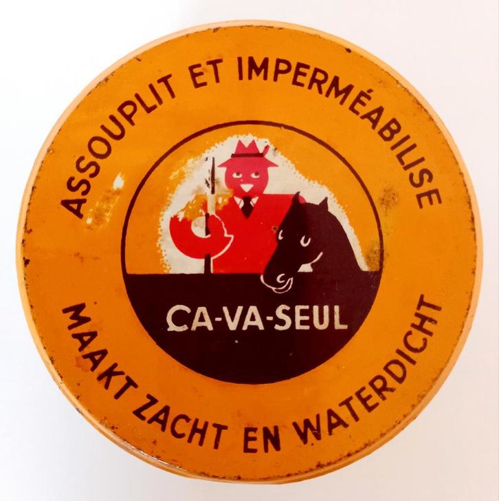 vintage blik geel ledervet ÇA-VA-SEUL made in Belgium, Verzamelen, Blikken, Gebruikt, Overige, Overige merken, Ophalen of Verzenden
