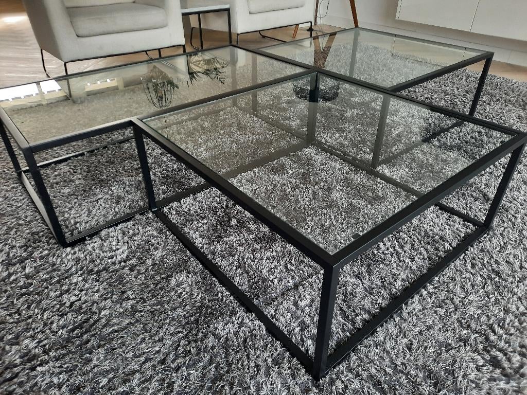 Salontafel set (3 stuks), metaal & glas, Huis en Inrichting, Tafels | Salontafels, Ophalen, 100 tot 150 cm, Vierkant, 50 tot 100 cm