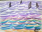 Benner " Boten op zee "" mixmedia 21 x 29 cm, Verzenden