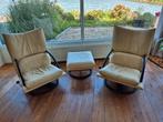 Rolf Benz Torino Fauteuils met Hocker - Crème Leer, Huis en Inrichting, Fauteuils, 75 tot 100 cm, Ophalen of Verzenden, Zo goed als nieuw