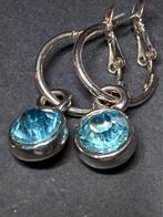 Zilverkleurige Oorbellen met Blauwe Edelsteen, Hangers, Blauw, Ophalen of Verzenden, Zo goed als nieuw
