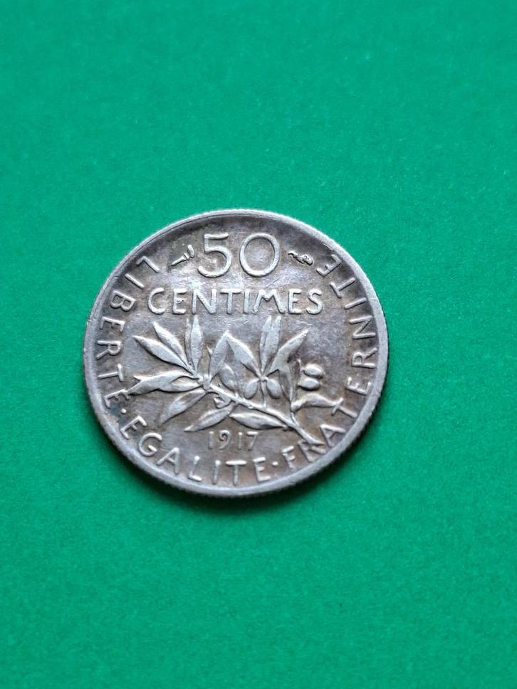 1917 Frankrijk 50 centimes in zilver zaaister, Postzegels en Munten, Munten | Europa | Niet-Euromunten, Losse munt, Frankrijk