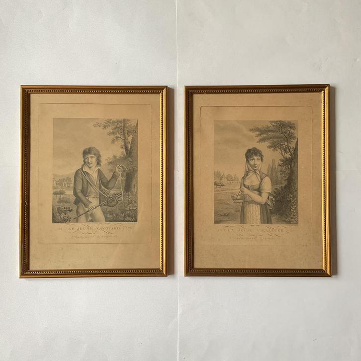 2 gravures met lijsten, empire, Frans antiek, samen €27,50, Antiek en Kunst, Kunst | Etsen en Gravures, Ophalen of Verzenden