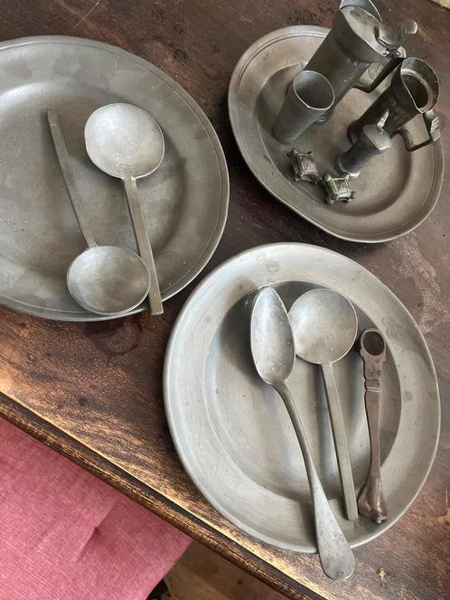 Antiek Tin: Borden, Lepels & Kannetjes Setje, Antiek en Kunst, Antiek | Tin, Ophalen