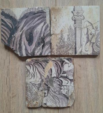 3 antieke tegels, 17e eeuw, tableau, sepia beschikbaar voor biedingen
