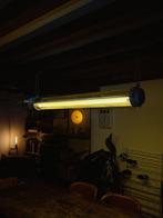 Vintage Belgische fabriekslamp, Huis en Inrichting, Lampen | Hanglampen, Ophalen, Gebruikt, Glas, 75 cm of meer