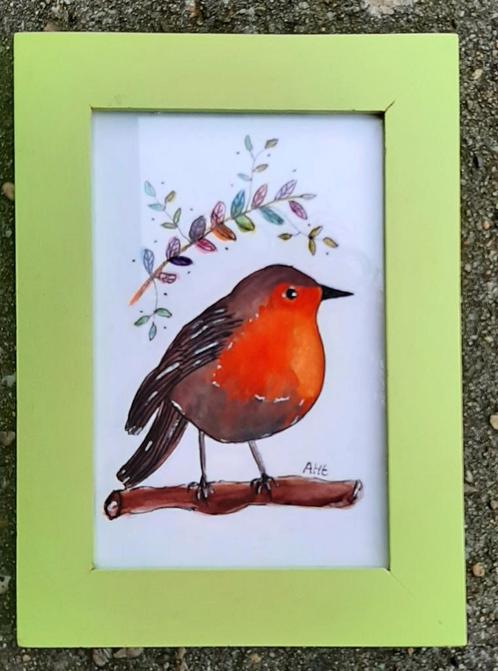 Roodborstje aquarel ingelijst in houten lijstje, Antiek en Kunst, Kunst | Schilderijen | Modern, Ophalen of Verzenden