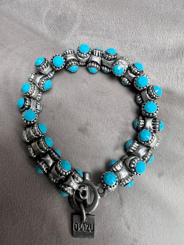 OTAZU VINTAGE TURQUOISE BLAUWE STEEN TONNETJES ARMBAND, Sieraden, Tassen en Uiterlijk, Armbanden, Zo goed als nieuw, Zilver, Met bedels of kralen