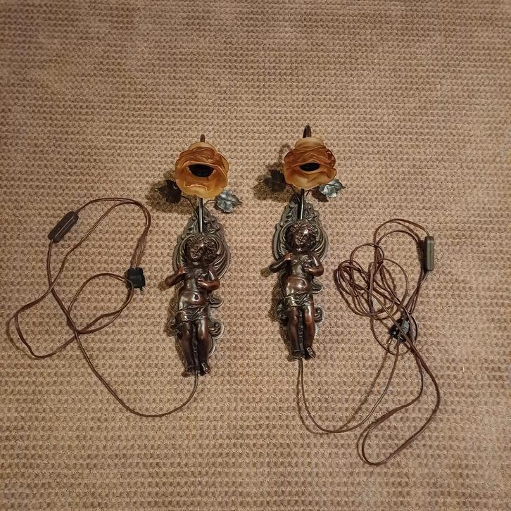 Antieke Wandlampen met Engelmotief - Set van 2, Antiek en Kunst, Antiek | Lampen, Ophalen of Verzenden