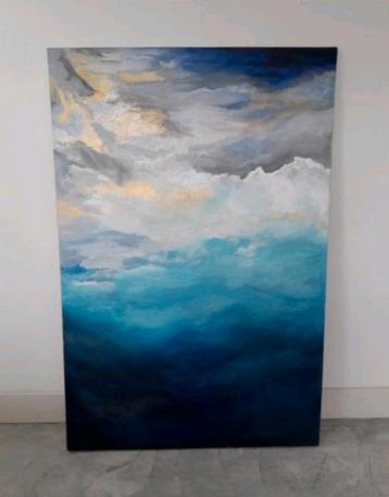 Groot schilderij handgeschilderd zee blauw goud beschikbaar voor biedingen
