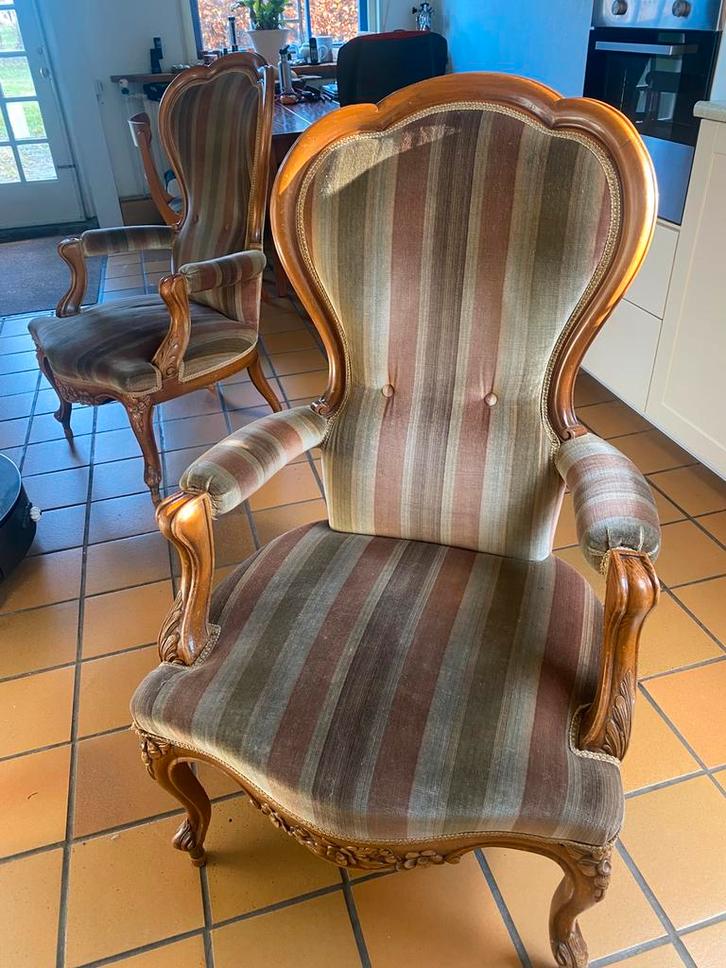 Brocante leunstoelen, set van twee, Huis en Inrichting, Stoelen, Gebruikt, Twee, Hout, Stof, Overige kleuren, Ophalen