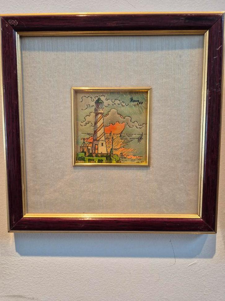 Vuurtoren op Bladgoud - Ingelijst, Antiek en Kunst, Kunst | Overige Kunst, Ophalen of Verzenden