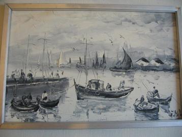 Origineel olieverfschilderij Hilário Roberto - Vissersboten beschikbaar voor biedingen