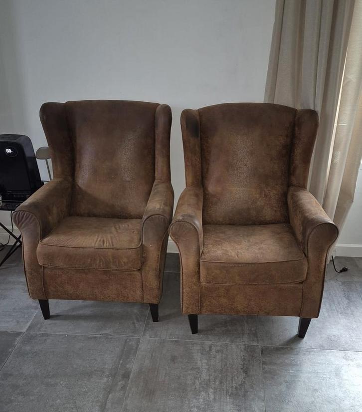 2 Cognac Oorfauteuils - Setprijs!, Huis en Inrichting, Fauteuils, Ophalen