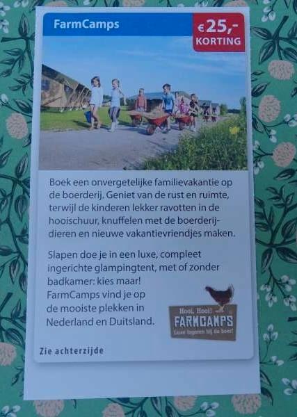 FarmCamps € 25,00 korting kortingsbon, Tickets en Kaartjes, Kortingen en Cadeaubonnen, Drie personen of meer, Overige typen, Kortingsbon