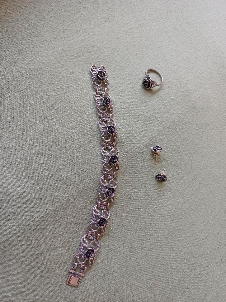 Zilveren Teka Roos Set: Klotz Armband, Ring & Oorbellen, Sieraden, Tassen en Uiterlijk, Armbanden, Gebruikt, Zilver, Zilver, Met bedels of kralen