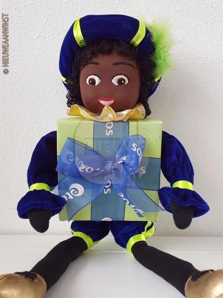 Authentieke Etos kado zwarte Piet pop - 45cm, blauw/groen, Diversen, Sinterklaas, Nieuw, Verzenden
