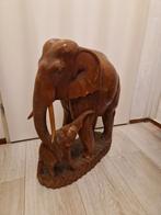 Prachtige vintage houten sculptuur van olifant met baby, Antiek en Kunst, Ophalen of Verzenden