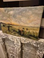 Oud Olieverf Schilderij - Kunsthout - Oogstende Boeren, Antiek en Kunst, Kunst | Schilderijen | Klassiek, Ophalen of Verzenden