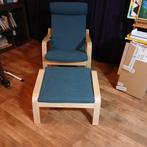 POÄNG Schommelstoel + voetenbank, Ophalen, Hout, Blauw, Zo goed als nieuw