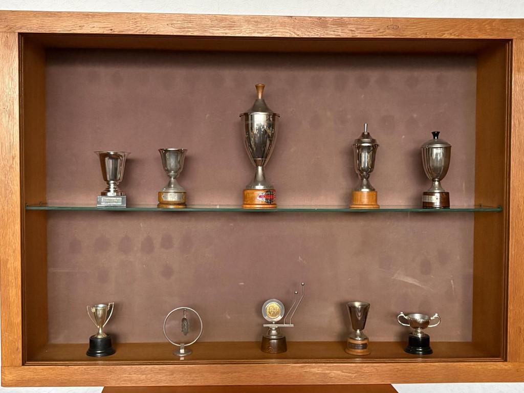 Houten prijzenkast met 2 schuifdeuren van geslepen glas, Huis en Inrichting, Kasten | Vitrinekasten, Ophalen, Glas, 50 tot 100 cm