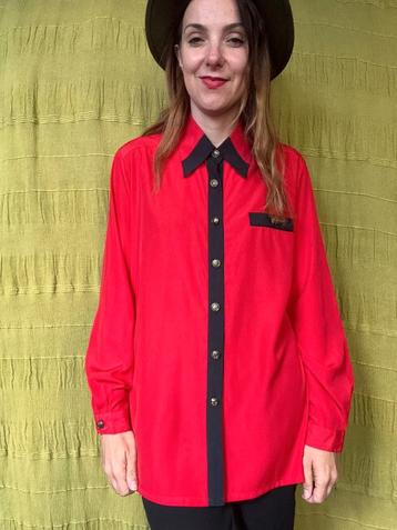 Vintage blouse,  maat 40/42 - L/XL - rood & zwart - 90's  beschikbaar voor biedingen
