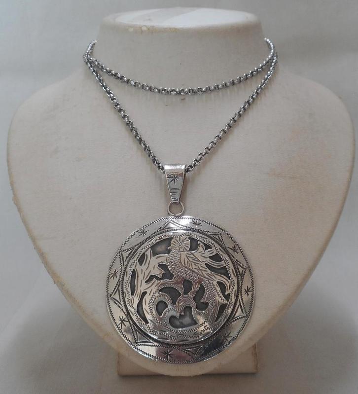 Zilveren jasseron met antieke hanger Quetzal vogel nr.533, Sieraden, Tassen en Uiterlijk, Antieke sieraden, Ketting, Zilver, Verzenden