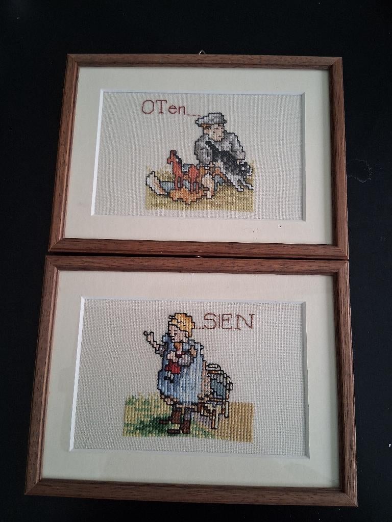 Borduurwerkjes Ot en Sien ingelijst *eureka*, Ophalen of Verzenden, Zo goed als nieuw, Handborduren, Overige typen