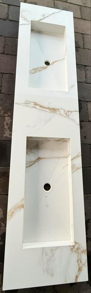 Wastafelblad met 2 wasbakken in verstek 220 lang, Huis en Inrichting, Badkamer | Badkamermeubels, Nieuw, Wasbak of Wastafel, Minder dan 100 cm