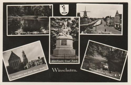 WINSCHOTEN Vijver Markt Kerk Standbeeld Molen, Verzamelen, Ansichtkaarten | Nederland, Gelopen, Groningen, 1940 tot 1960, Verzenden