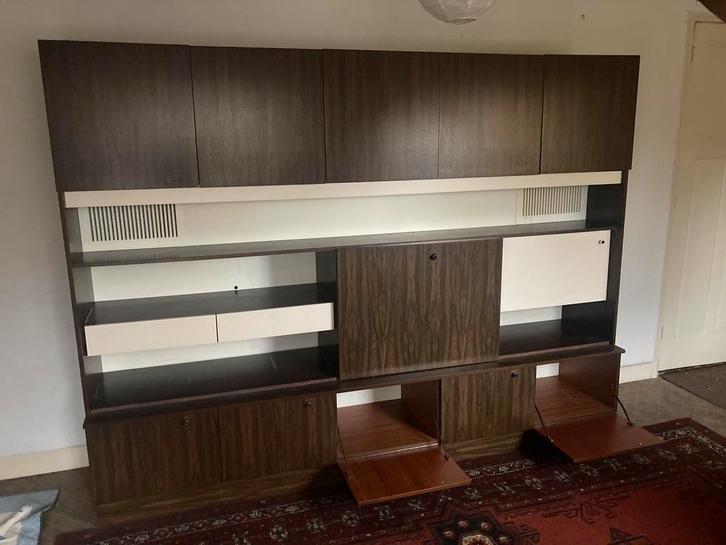 Mid-century wandmeubel., Huis en Inrichting, Kasten | Wandmeubels, Gebruikt, 200 cm of meer, 300 cm of meer, 50 tot 75 cm, Met lade(s)